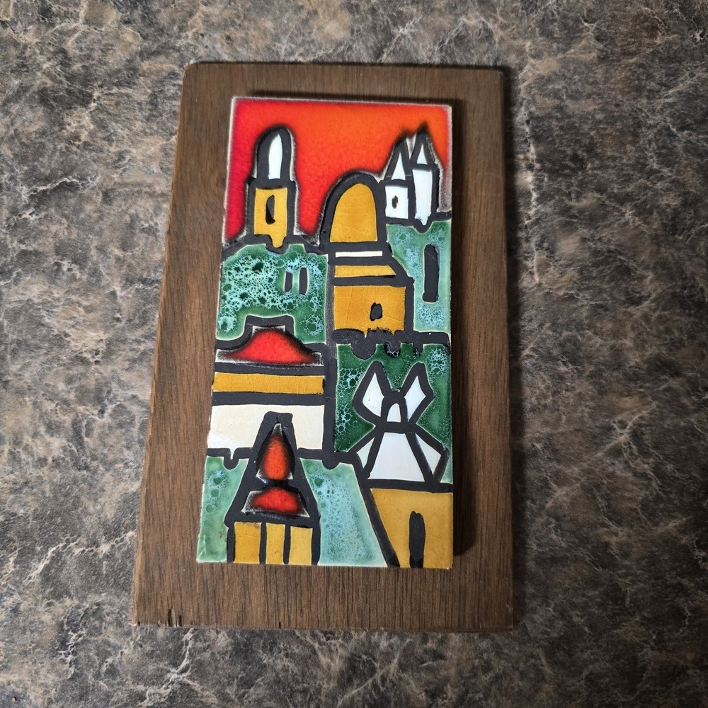 Vintage JERUSALEM ISRAEL TILE Wall Plaque Ceramic & Wood 7.5" Tall Souvenir - Picture 1 of 5